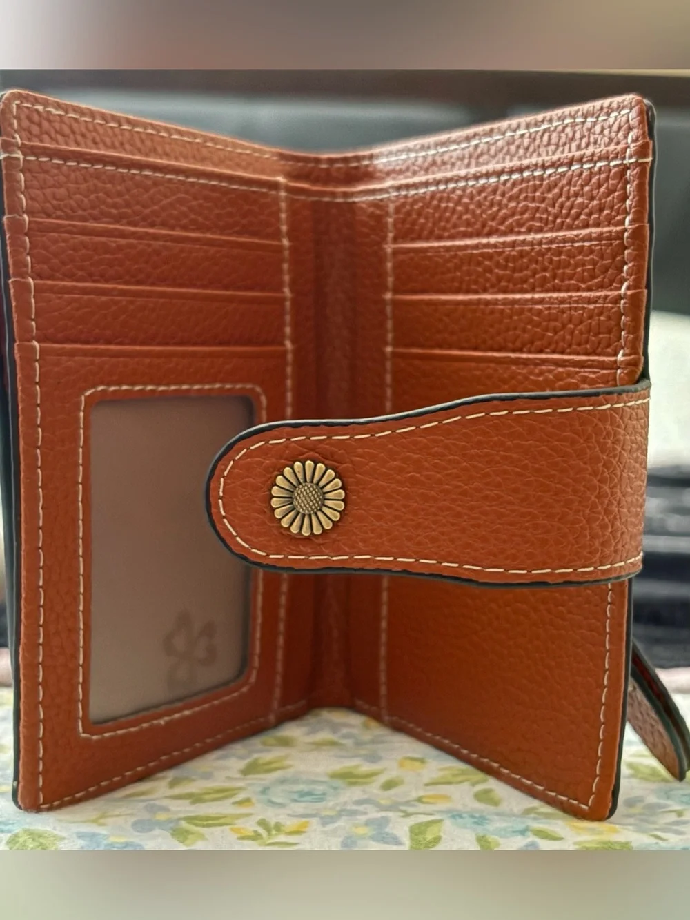Women's Tan Leather Wallet with Floral Button Accent - NWOT